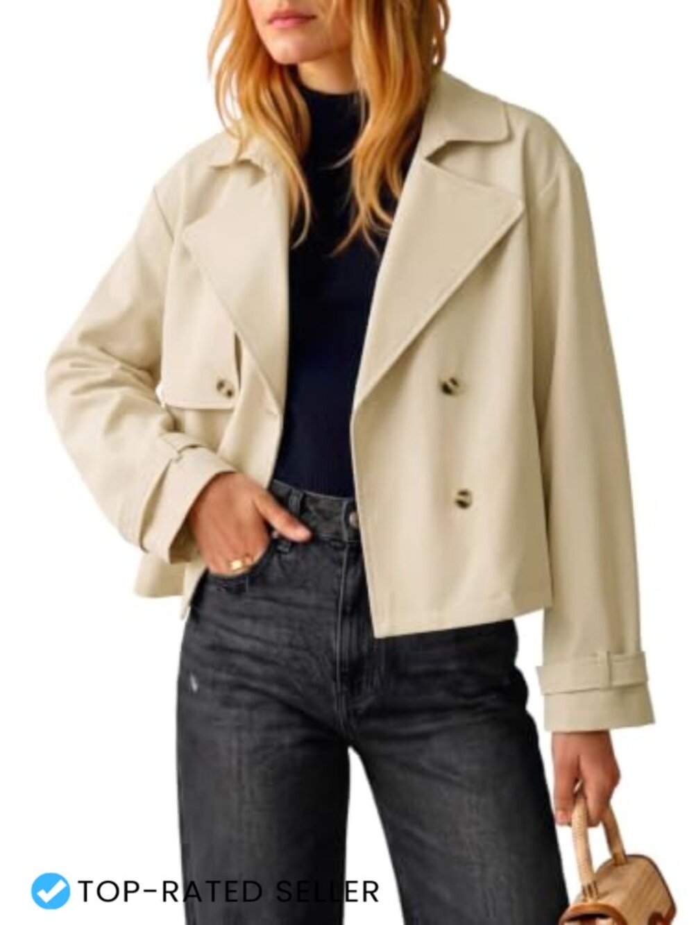 Women's Cropped Trench Coat Double Breasted Raglan Sleeve Lightweight